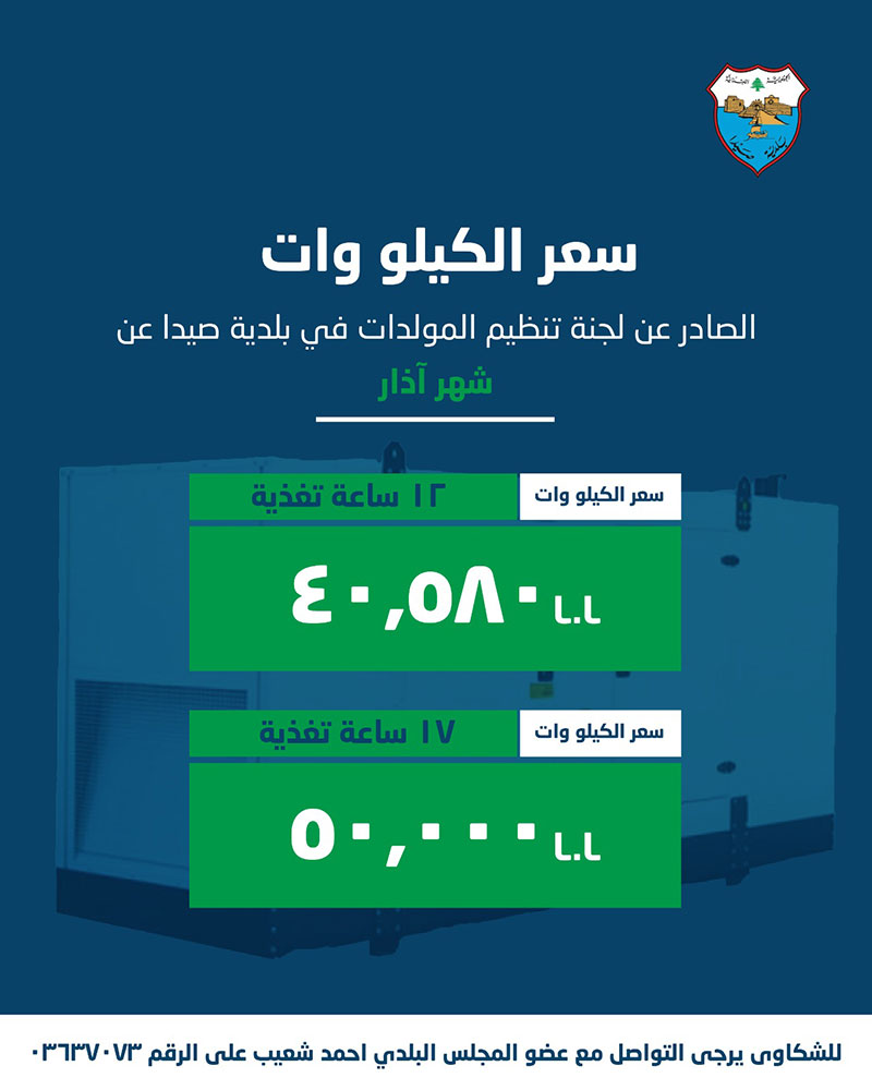لجنة تنظيم قطاع المولدات في بلدية صيدا أصدرت بيان تكلفة الاشتراكات الكهربائية لشهر آذار 2026 لجنة تنظيم قطاع المولدات في بلدية صيدا أصدرت بيان تكلفة الاشتراكات الكهربائية لشهر آذار 2026